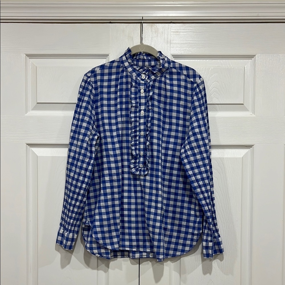 J. Crew Blue and White Gingham Ruffle Button-Front Blouse